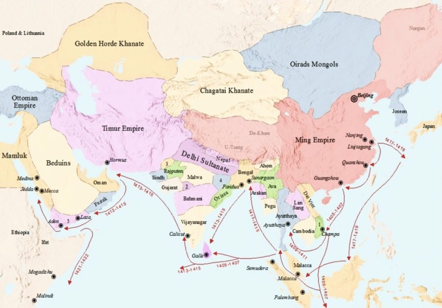 1405 &ndash; 1433-ci illərdə Zheng Henın komandanlığı altındakı Ming Armadasının səfər istiqamətlərini g&ouml;stərən xəritə.