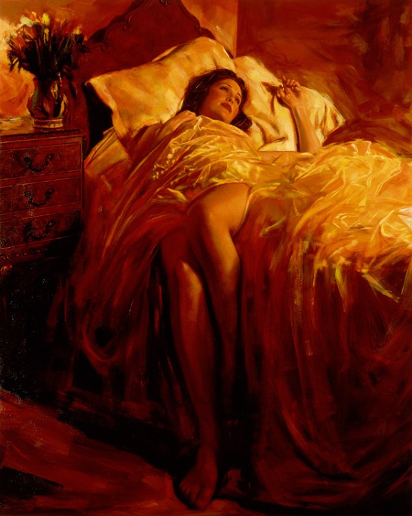 yataqda uzanmış qadın portreti